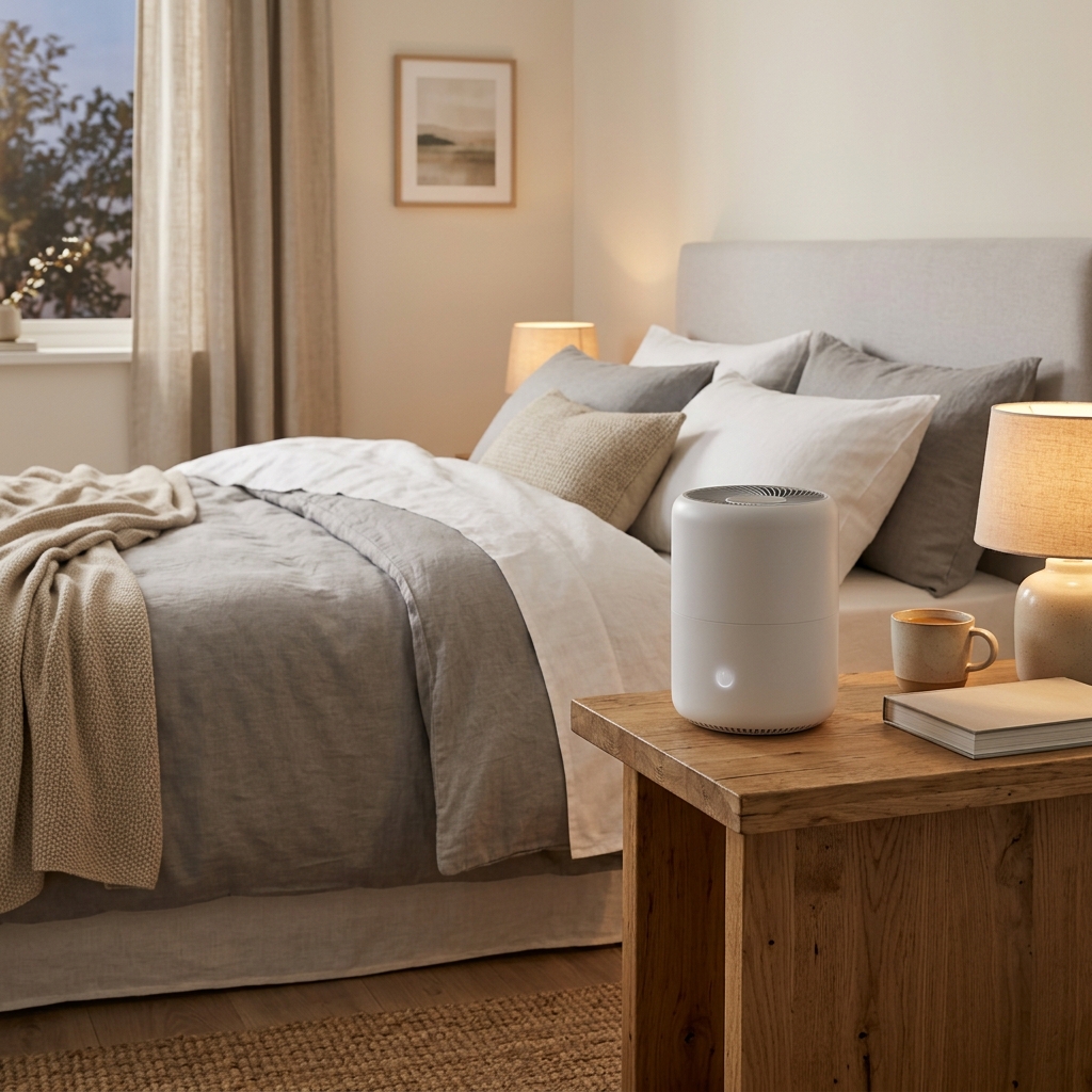A quiet air purifier for bedroom on a nightstand next to a bed.