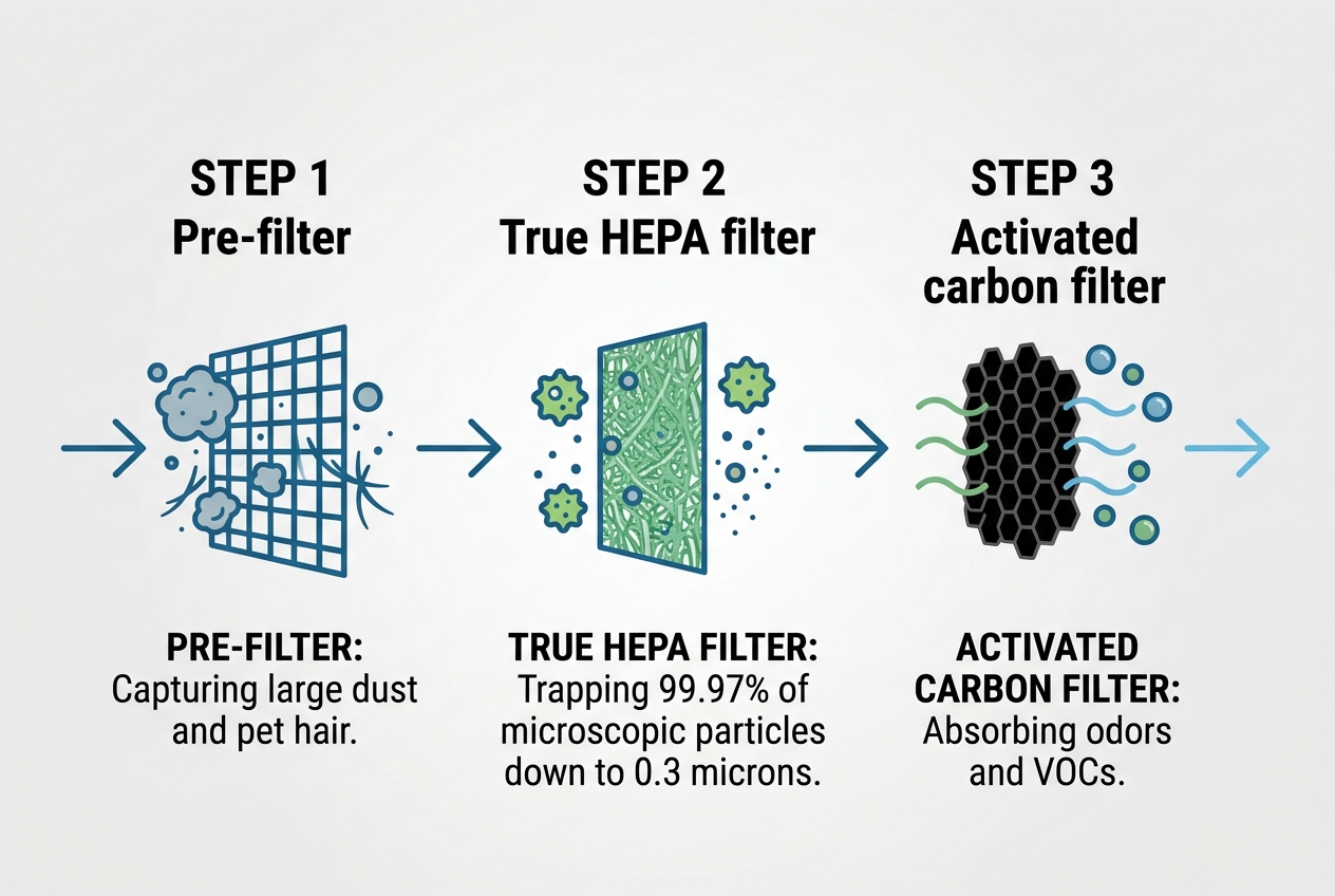 Infographic explaining how HEPA filters capture airborne particles.