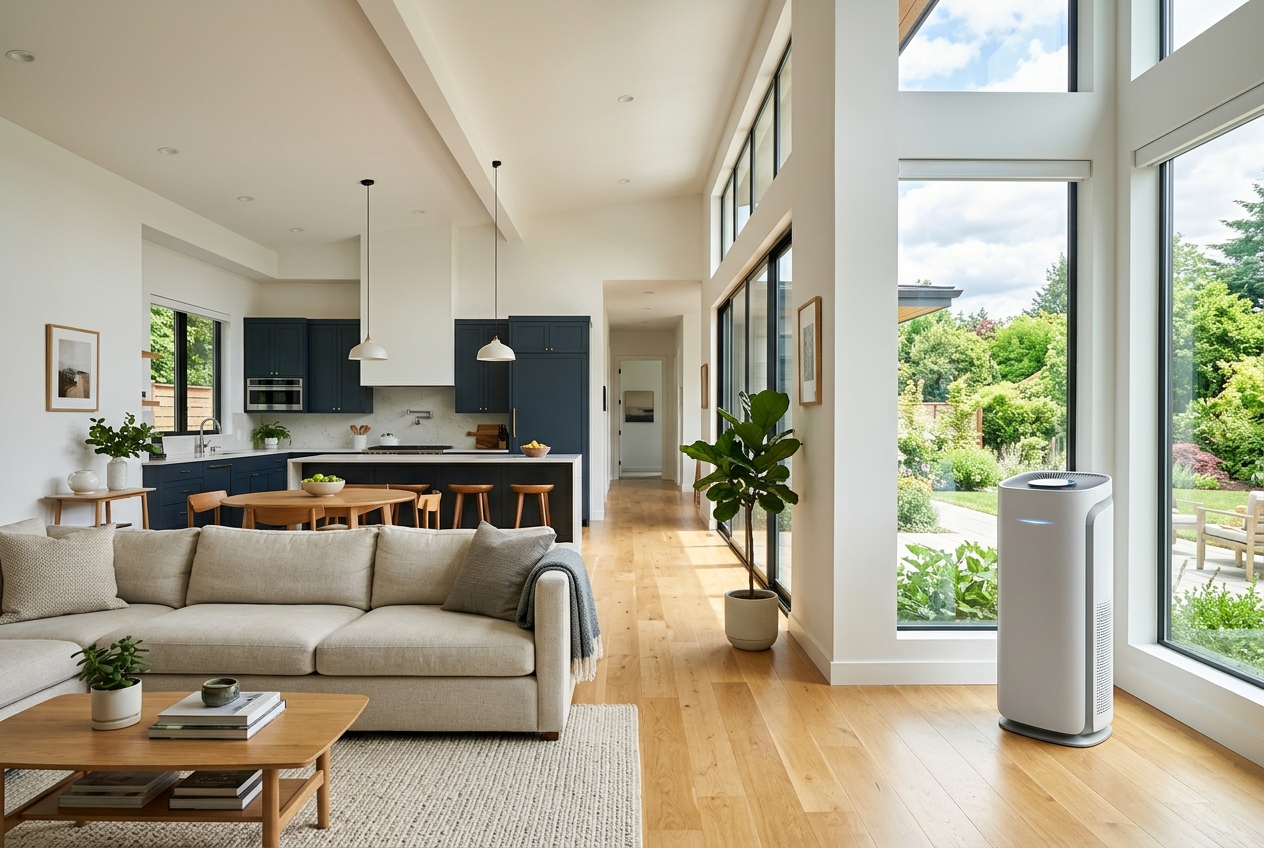 Best air purifier for large room operating in a spacious open-concept home.