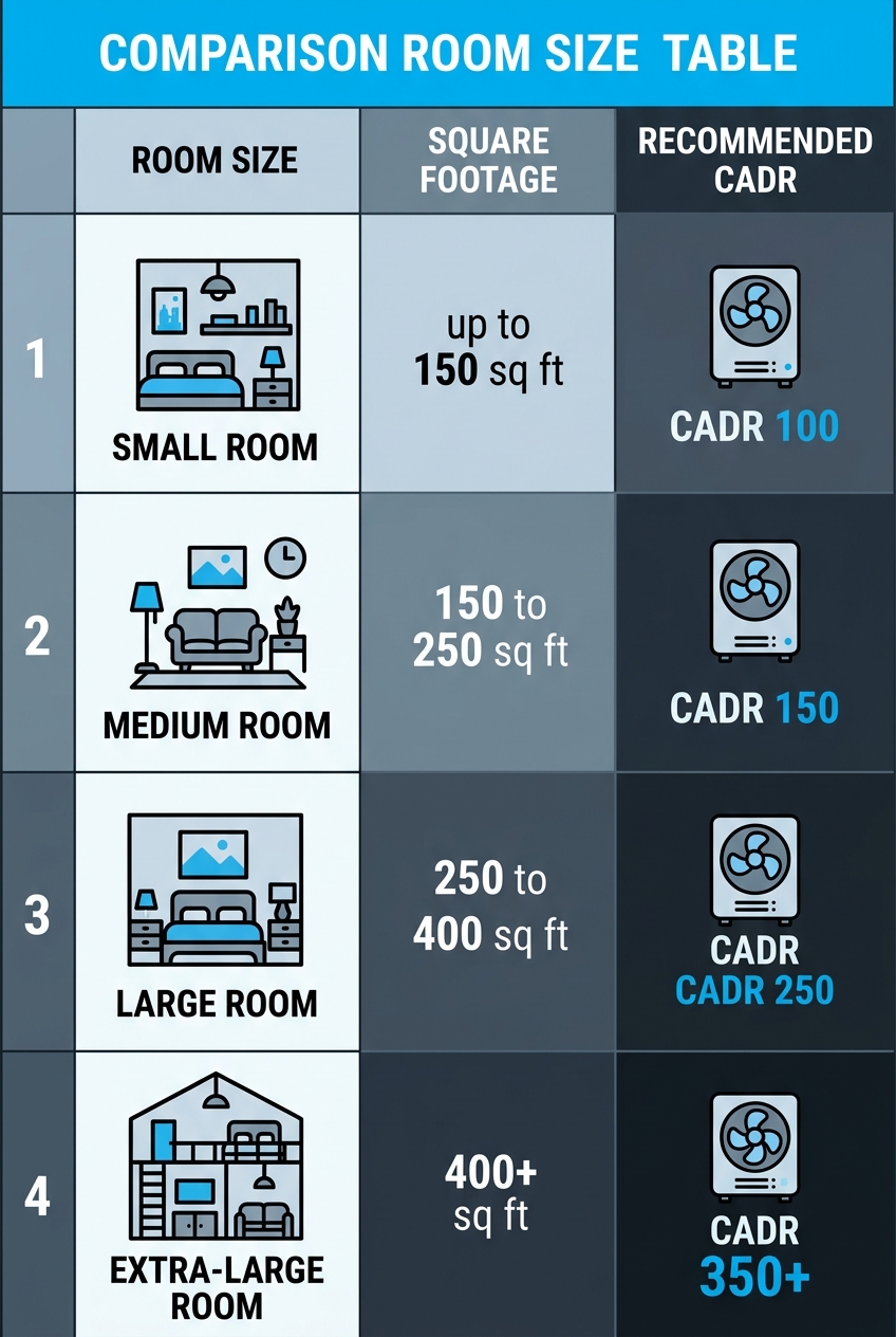 Infographic comparing CADR ratings and room size coverage for air purifiers.