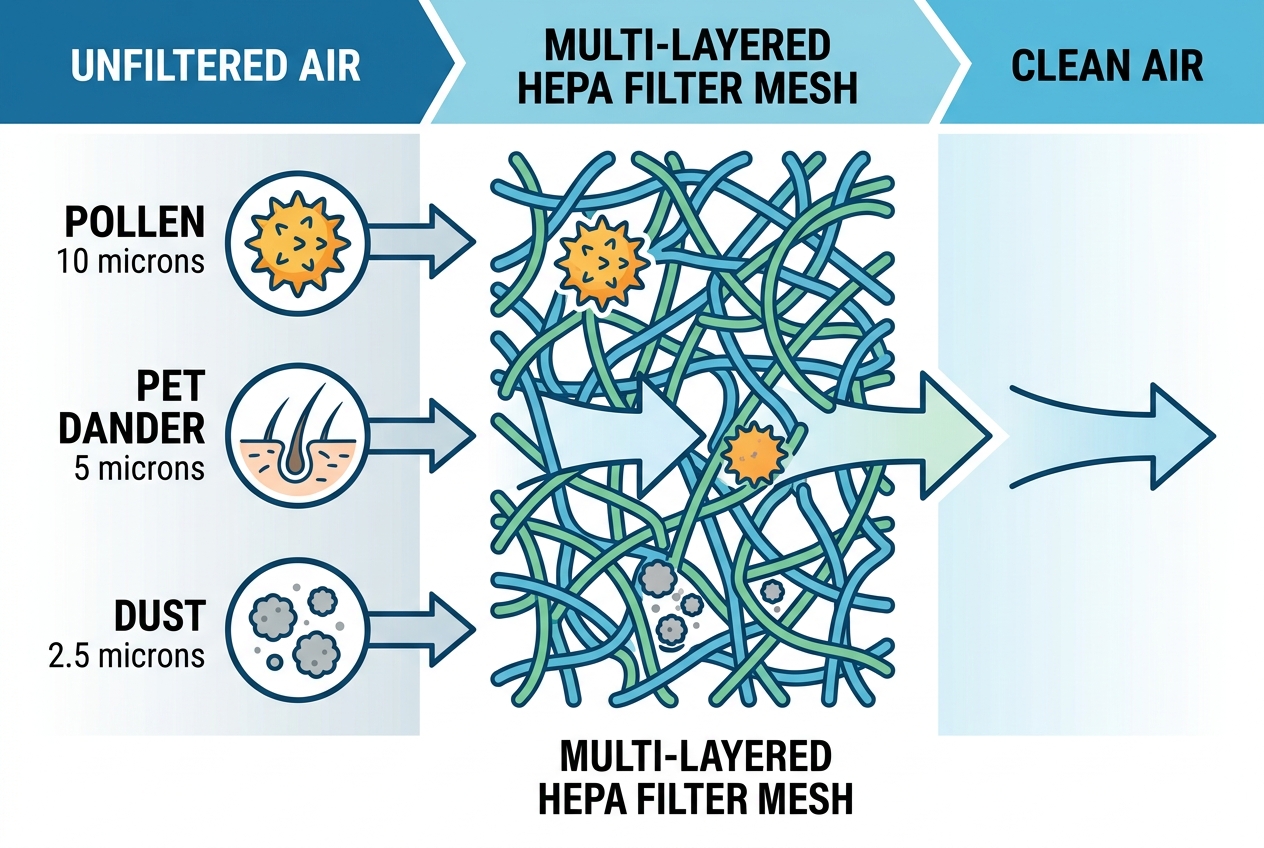 Infographic showing how a HEPA filter captures pollen, pet dander, and dust particles.