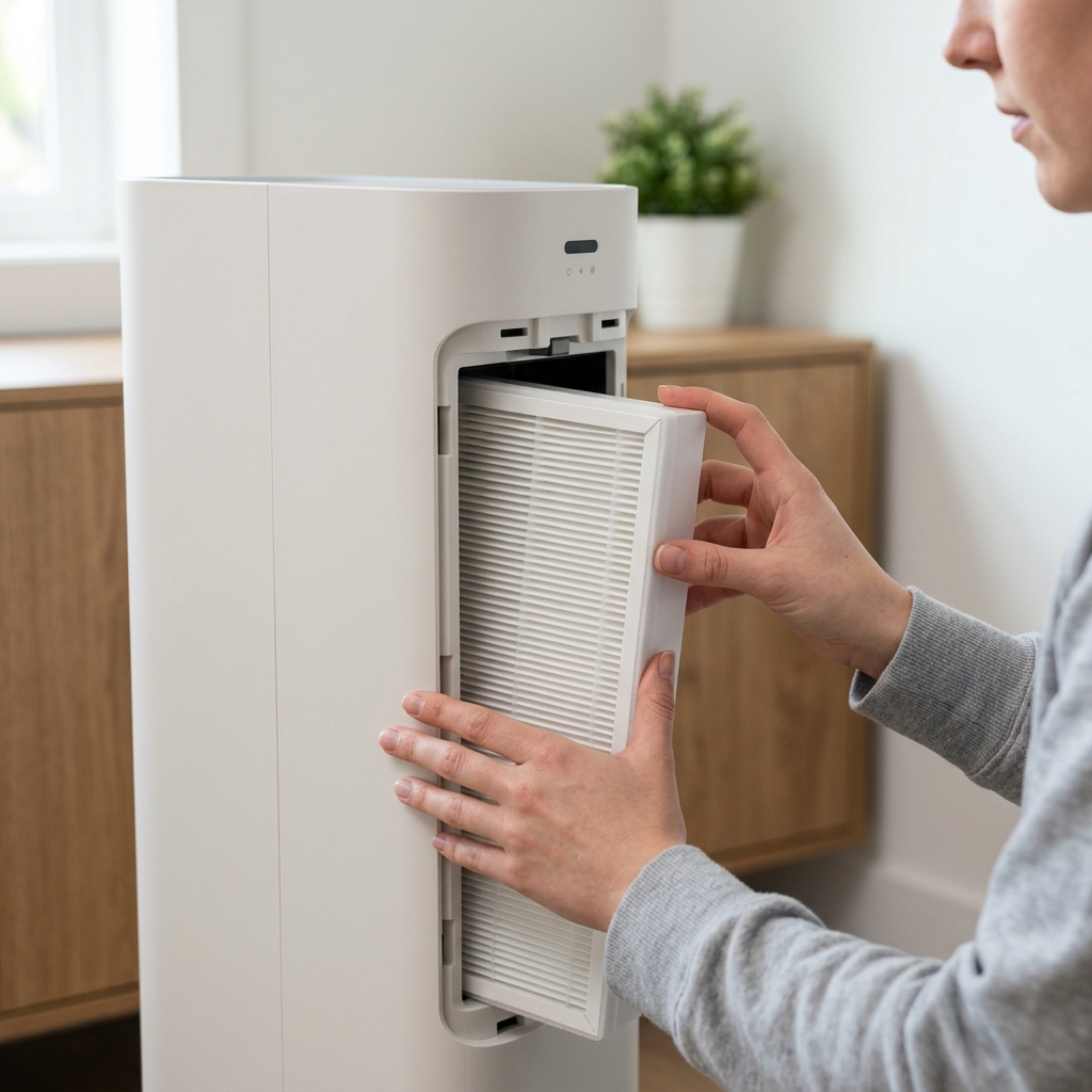 A close-up of a clean HEPA filter being inserted into a home air purifier.