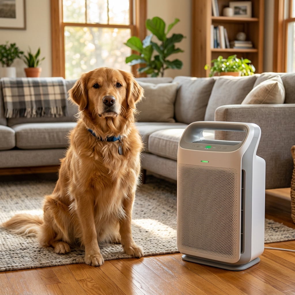 A dog sitting near a running air purifier in a cozy living room.